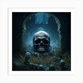 Digital Painting Of A Human Skull Center Frame Empty Eye Sockets Peering Into An Abyss A Backdrop (6) Art Print