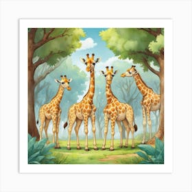 Cute Giraffe Herd Under The Trees Illustration 1 Art Print 1 Art Print