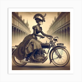 Motorbike Girl From A Bygone Era 2/4 (victorian black and white sepia woman female lady cycle wheels exciting) Art Print