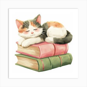 Cat Sleeping On Books Art Print