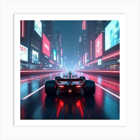 Formula Car Racing In A Sleek Futuristic City With Holographic Billboards And Neon Lights 1 Art Print