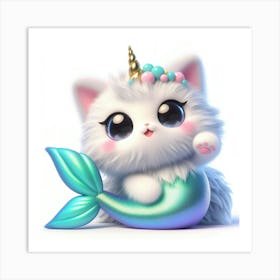 Fluffy 3D image of mermaid caticorn 9 Art Print