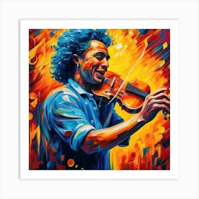 A vibrant and expressive close-up portrait of a musician passionately playing their instrument, capturing the energy and emotion of a live performance. This dynamic and visually engaging portrait can appeal to music enthusiasts, bringing a sense of rhythm and creativity to home decor Art Print