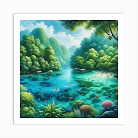 Tropical Snorkeling Wall Print Art A Tranquil And Inviting Scene Capturing The Beauty Of A Tropical Swimming Paradise, Perfect For Adding A Touch Of Summer And Adventure To Any Space Art Print