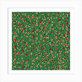 A Pattern Featuring Abstract Geometric Shapes With Edges Rustic Green And Red Colors, Flat Art, 103 Art Print