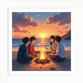 A Group Of Japanese Friends Sitting By A Fire On The Beach, Sharing Stories At Sunset, Watercolor Art Print