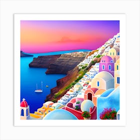 Santorini Island At Sunset Art Print