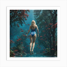 Girl Swimming With Red Fish Art Print