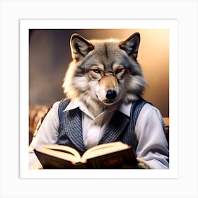 Wolf In Glasses Reading A Book Art Print