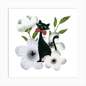 Elegant black cat with white flowers pet artwork Art Print