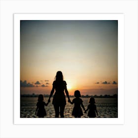 Silhouette Of A Family At Sunset Art Print