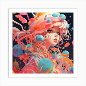 Girl With Fishes Art Print