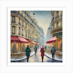 Paris cafes, winter season, Christmas, pale colors, pedestrians in the street, winter clothes, falling snow.17 Art Print