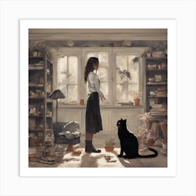 Girl And A Cat Art Print