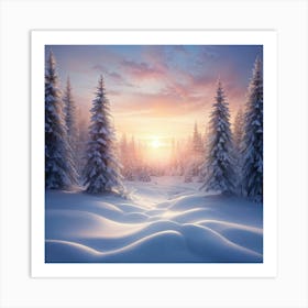 Snowy Forest Landscape Under The Pale Light Of A Winter Sunrise Trees Bowing Gently Under The Weigh Art Print