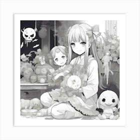 Anime Girl With Stuffed Animals Art Print