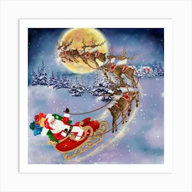 Santa Claus And His Reindeer Santa backgrounds Art Print