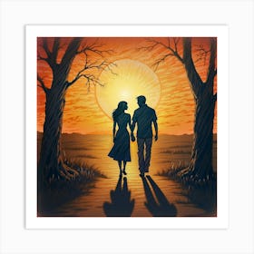 Couple Holding Hands At Sunset 1 Art Print