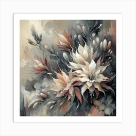 Delicate White Flowers on abstract muted gray background Art Print