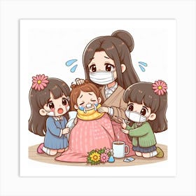 Mother And Children With Masks Art Print