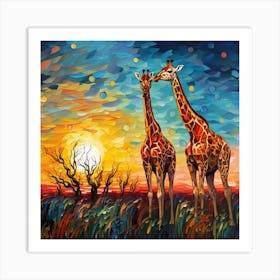 Giraffes At Sunset 36 Art Print