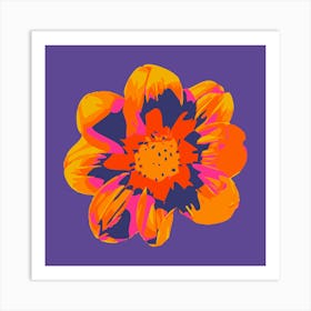 COSMIC COSMOS Single Abstract Floral Summer Bright Flower in Fuchsia Pink Orange Yellow on Purple Art Print