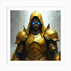 A Warrior Wearing Golden Armor With Glowing Blue Eyes 1 Art Print