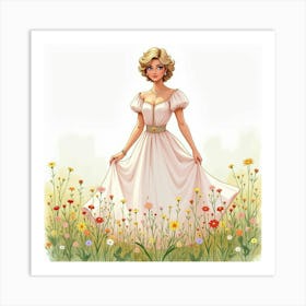 Watercolor Princess Diana With A Charming Meadow Of Wildflowers 1 Art Print