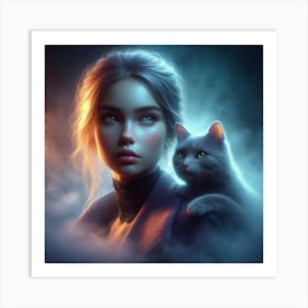 Girl With A Cat Art Print