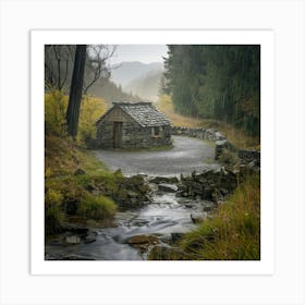 Small Stone Cottage In The Rain Art Print