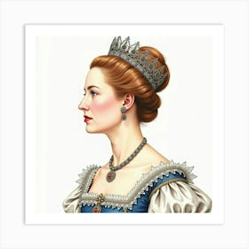 Watercolor Of Queen Elizabeth I, Intricate Lace, Majestic Pose 1 Art Print