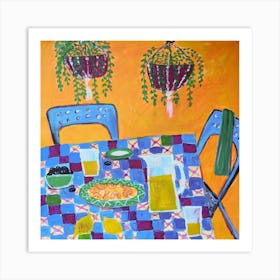 Still life of the table on a yellow-brown background Art Print