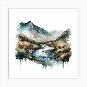 Watercolor Of Mountains And River Art Print