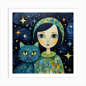 Blue Girl With Cat Art Print