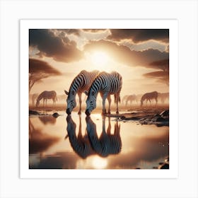 Zebras Drinking Water At Sunset Art Print