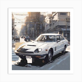 White Car On The Street 1 Art Print