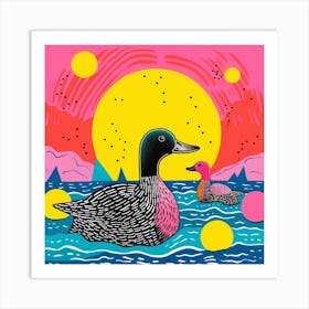 Pink Linocut Style Ducks In The Moonlight 2 Art Print