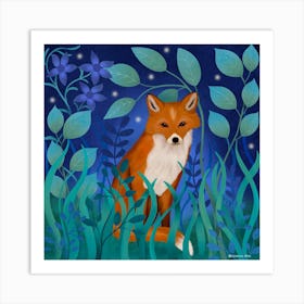 Fox In Starlit Meadow Square Art Print