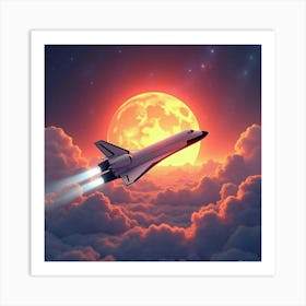 Shuttle Amidst A Watercolor Vibrant Cosmic Sunrise 1 Art Print