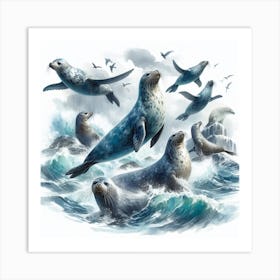 Sea Seals In Motion, Sea Seals Watercolour Art Print 4 Art Print
