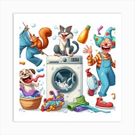 Cartoon Clown With Washing Machine Art Print