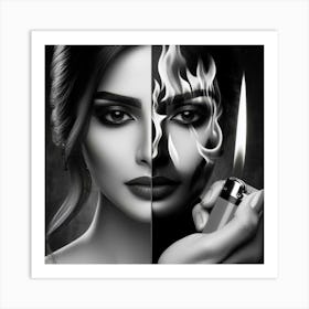 Black And White Portrait Of A Woman Holding A Lighter Art Print