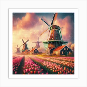 Amsterdam S Iconic Windmills Standing Tall Amidst Vibrant Tulip Fields, Style Dutch Golden Age 3 Art Print