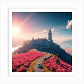 Pink Flowers On A Hill Art Print