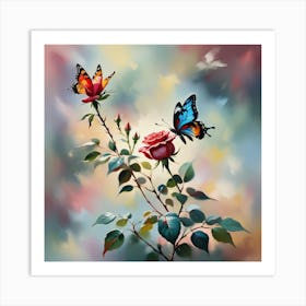 Roses And Butterflies 2 Art Print