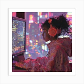 Girl In Headphones Using Computer At Night 1 Art Print