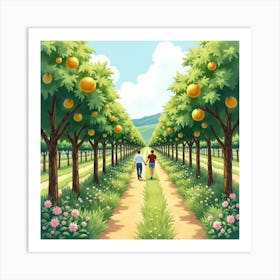 Strolling Through A Lush Orchard, Watercolor With Fruit Trees And Blooms 1 Art Print