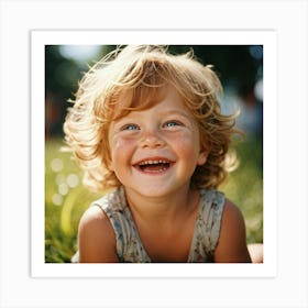 Strawberry Blond Child With Bright Blue Eyes Dusting Of Freckles Across The Nose Candid Laughter C Art Print