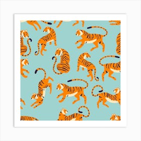 Tiger Pattern On Blue Square Art Print