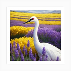 A White Noble Crane In The Center Of Vast Yellow L Art Print